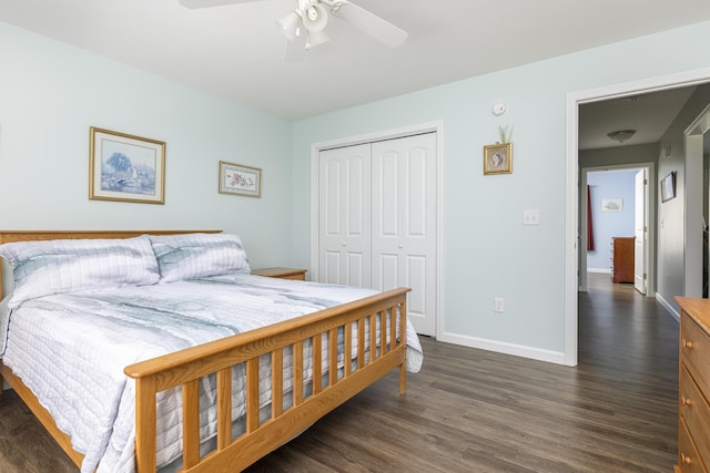 7 Berry Ln Unit 101, Biddeford, ME 04005 - bedroom with a closet, baseboards, dark wood finished floors, and ceiling fan