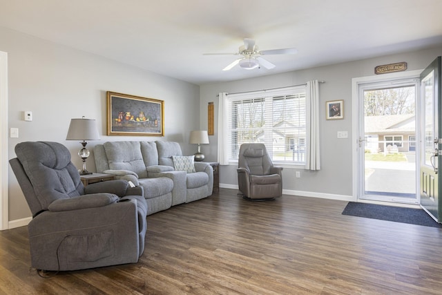7 Berry Ln Unit 101, Biddeford, ME 04005 - living room featuring ceiling fan, dark wood-type flooring, and baseboards
