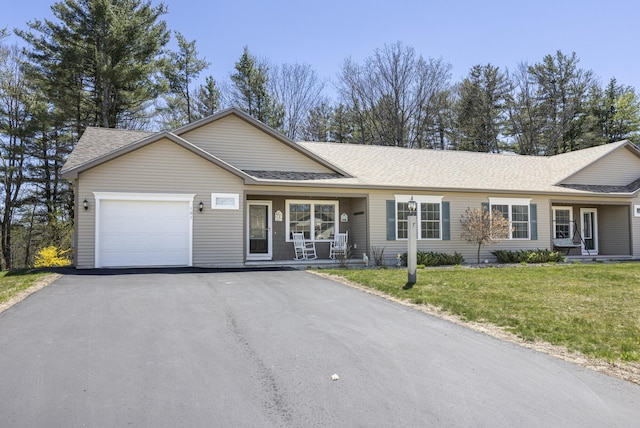7 Berry Ln Unit 101, Biddeford, ME 04005 - ranch-style home featuring an attached garage, asphalt driveway, roof with shingles, a front lawn, and a porch