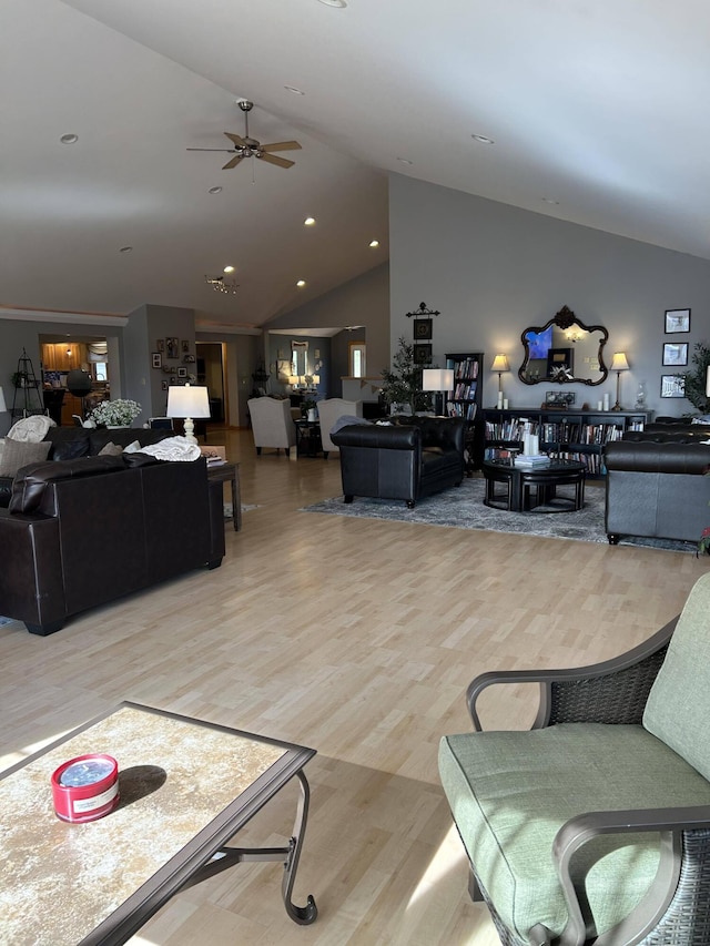 208 N Caribou Rd, Presque Isle, ME 04769 - living area featuring a ceiling fan, vaulted ceiling, recessed lighting, and wood finished floors