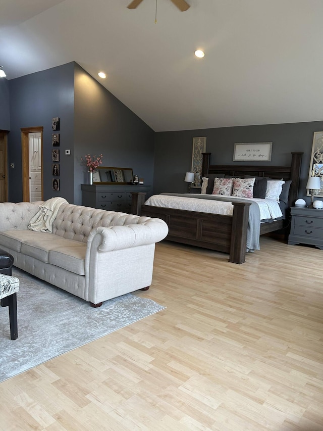 208 N Caribou Rd, Presque Isle, ME 04769 - bedroom with recessed lighting, ceiling fan, vaulted ceiling, and light wood-type flooring