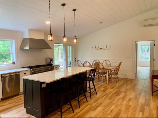 kitchen with stainless steel dishwasher, wall chimney exhaust hood, a kitchen island, plenty of natural light, and a wainscoted wall