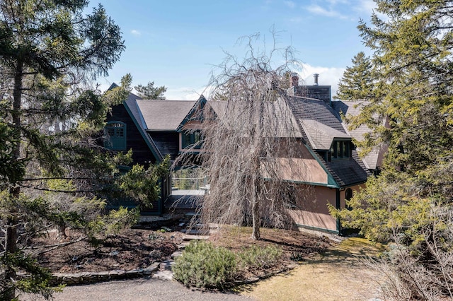 view of home's exterior with roof with shingles and a chimney