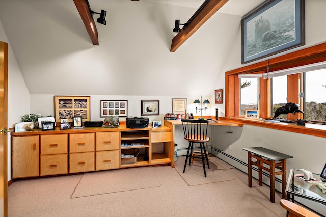 office area with high vaulted ceiling, beam ceiling, and light carpet