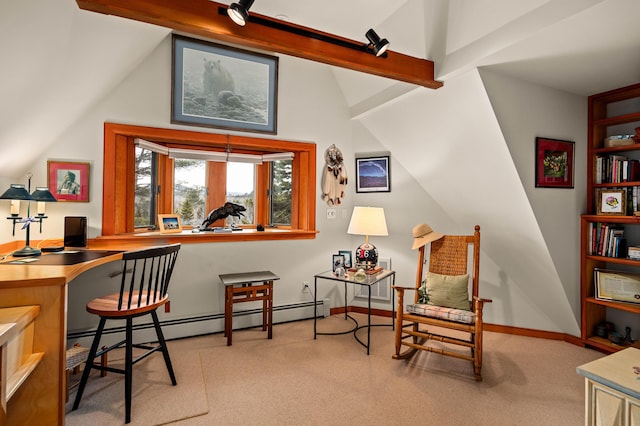 interior space with baseboards, lofted ceiling, and baseboard heating