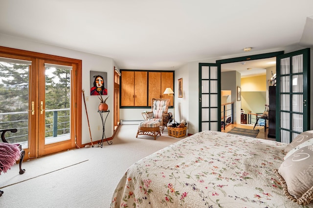 carpeted bedroom with baseboards, baseboard heating, french doors, and access to exterior
