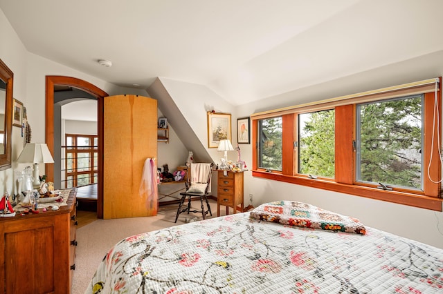 bedroom with vaulted ceiling and carpet flooring