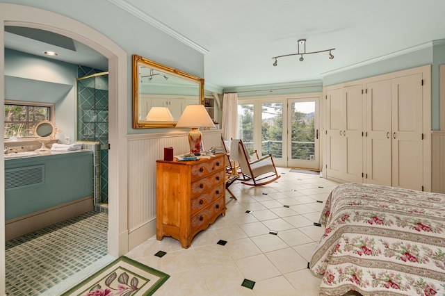 bedroom with crown molding, access to outside, multiple windows, and light tile patterned flooring