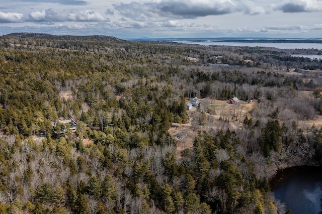 aerial view with a water view and a forest view
