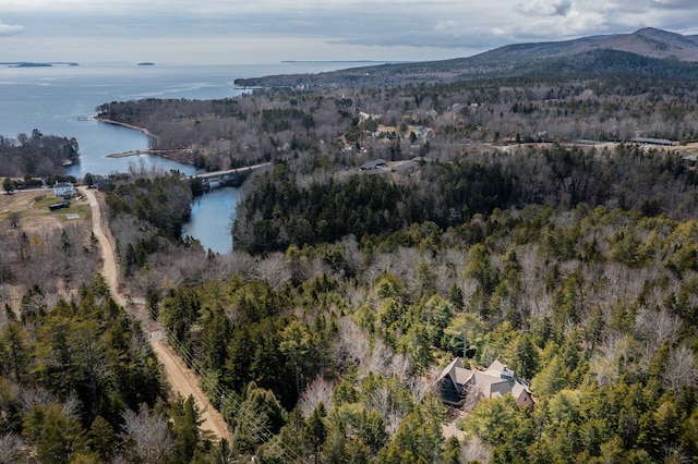 bird's eye view with a wooded view and a water and mountain view