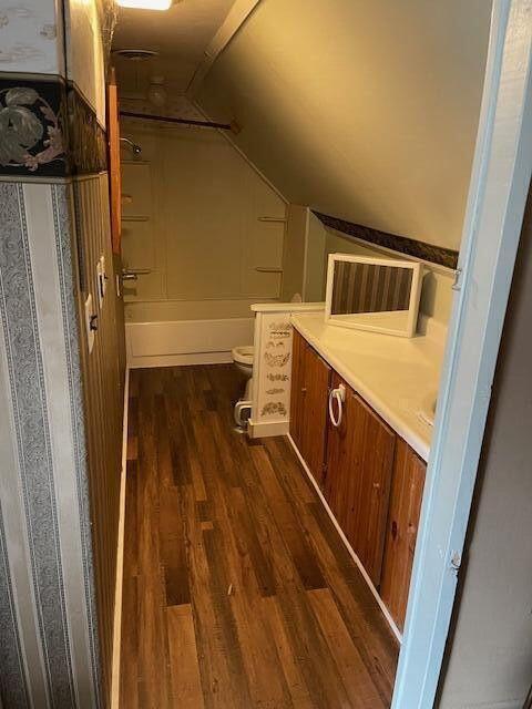 interior space featuring vanity, wood finished floors, lofted ceiling, toilet, and  shower combination