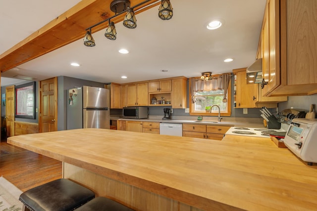 kitchen featuring appliances with stainless steel finishes, a sink, a peninsula, wood counters, and under cabinet range hood