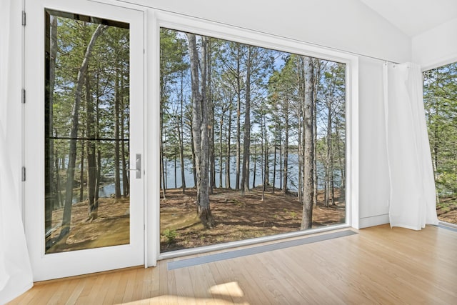27 Carter Dr, West Bath, ME 04530 - doorway featuring a water view, lofted ceiling, and wood finished floors