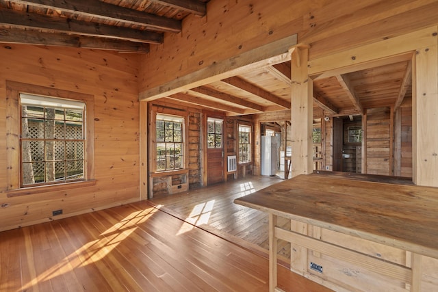 15 Blueberry Hill Rd, Georgetown, ME 04548 - interior space with wooden walls, hardwood / wood-style floors, beam ceiling, and wood ceiling