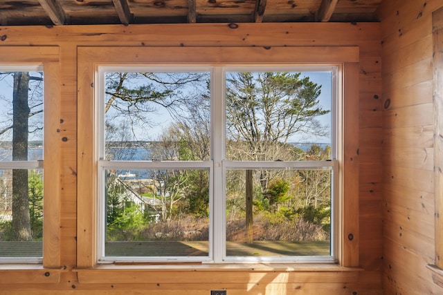 15 Blueberry Hill Rd, Georgetown, ME 04548 - interior space with wooden ceiling, wood walls, and beamed ceiling