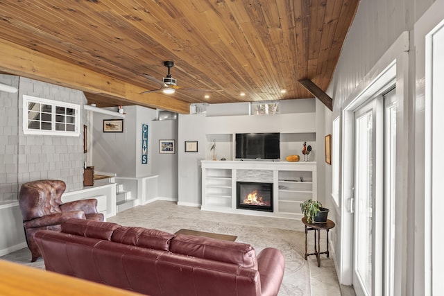 37 Harpswell Islands Rd, Harpswell, ME 04079 - living area featuring baseboards, wood ceiling, ceiling fan, and a glass covered fireplace