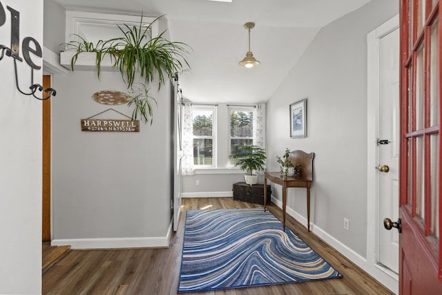37 Harpswell Islands Rd, Harpswell, ME 04079 - entryway with baseboards, wood finished floors, and lofted ceiling