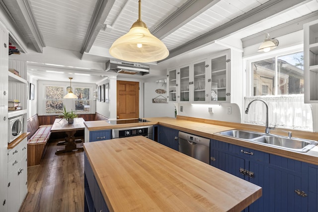 37 Harpswell Islands Rd, Harpswell, ME 04079 - kitchen featuring stainless steel dishwasher, blue cabinets, and wood counters