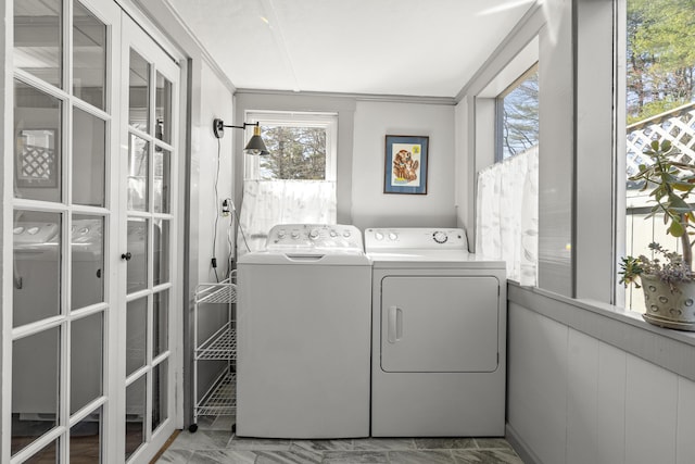 37 Harpswell Islands Rd, Harpswell, ME 04079 - washroom featuring independent washer and dryer, laundry area, ornamental molding, and marble finish floor