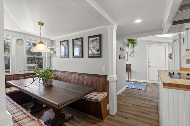 37 Harpswell Islands Rd, Harpswell, ME 04079 - dining space featuring recessed lighting, baseboards, decorative columns, wood finished floors, and ornamental molding