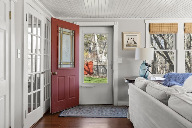 37 Harpswell Islands Rd, Harpswell, ME 04079 - entryway with baseboards, dark wood finished floors, and wood ceiling