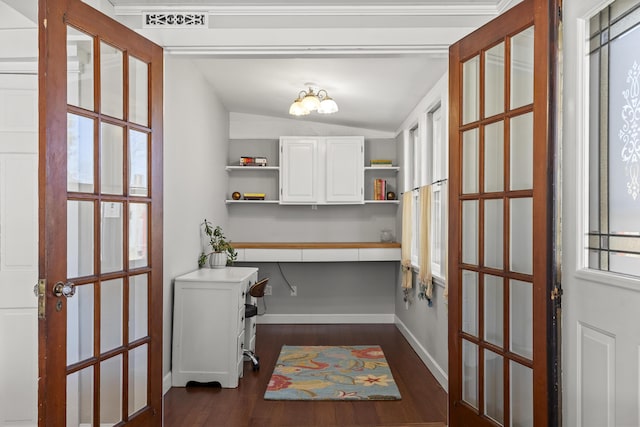 37 Harpswell Islands Rd, Harpswell, ME 04079 - home office featuring baseboards, visible vents, lofted ceiling, and dark wood-type flooring