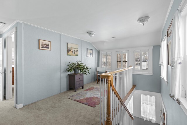 37 Harpswell Islands Rd, Harpswell, ME 04079 - corridor with carpet, vaulted ceiling, and an upstairs landing