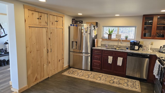 341 E Andover Rd, Andover, ME 04226 - kitchen with light stone counters, appliances with stainless steel finishes, a sink, dark wood finished floors, and recessed lighting