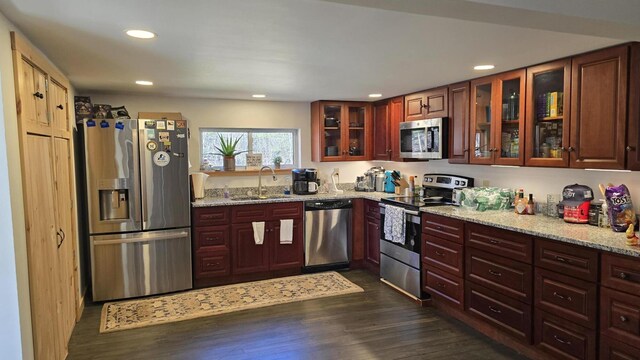 341 E Andover Rd, Andover, ME 04226 - kitchen with a sink, appliances with stainless steel finishes, recessed lighting, and dark wood finished floors