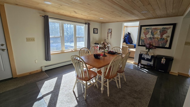 341 E Andover Rd, Andover, ME 04226 - dining space with wooden ceiling, baseboards, baseboard heating, and dark wood-style floors