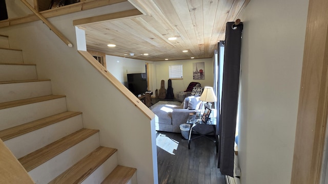 341 E Andover Rd, Andover, ME 04226 - stairway with recessed lighting, wood ceiling, and hardwood / wood-style flooring