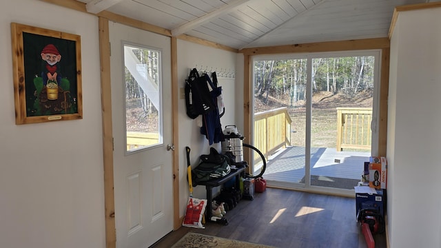 341 E Andover Rd, Andover, ME 04226 - entryway with vaulted ceiling with beams, wood ceiling, and wood finished floors