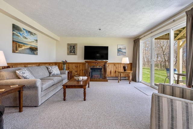 1373 Post Rd Unit 4A, Wells, ME 04090 - carpeted living room with a textured ceiling, a glass covered fireplace, a baseboard heating unit, and wainscoting