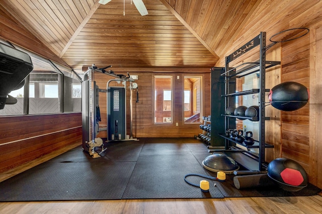 1373 Post Rd Unit 4A, Wells, ME 04090 - workout area with wood walls, wooden ceiling, a wealth of natural light, and vaulted ceiling