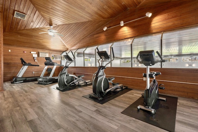 1373 Post Rd Unit 4A, Wells, ME 04090 - workout area featuring wooden walls, a ceiling fan, wood finished floors, lofted ceiling, and visible vents