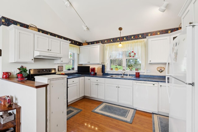 61 Pond Rd, Albion, ME 04910 - kitchen featuring white appliances, under cabinet range hood, track lighting, and a sink