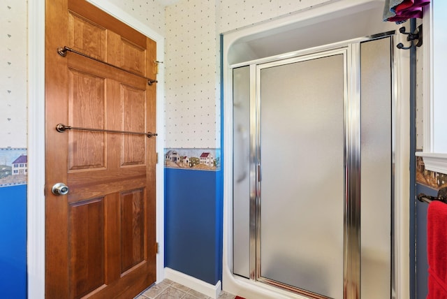 61 Pond Rd, Albion, ME 04910 - full bath with tile patterned flooring, a stall shower, and wallpapered walls