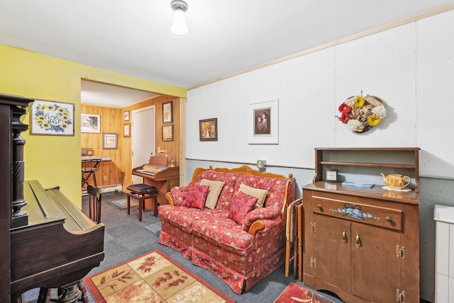 61 Pond Rd, Albion, ME 04910 - carpeted living room with wood walls and a baseboard heating unit