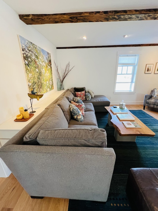 157 Ellsworth Rd, Blue Hill, ME 04614 - living room with wood finished floors, beamed ceiling, and recessed lighting