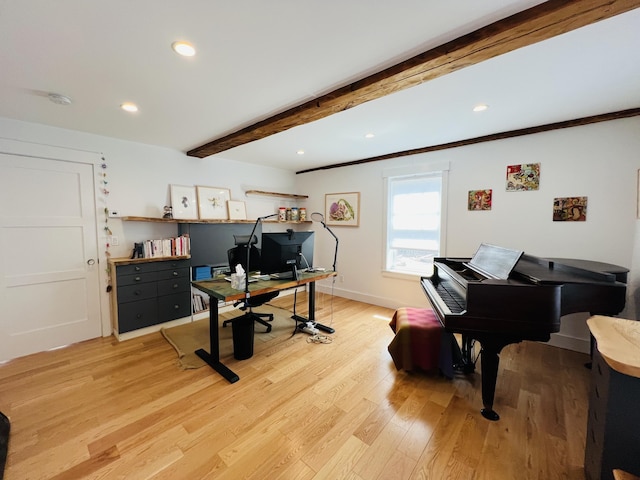 157 Ellsworth Rd, Blue Hill, ME 04614 - home office with light wood finished floors, beamed ceiling, and recessed lighting