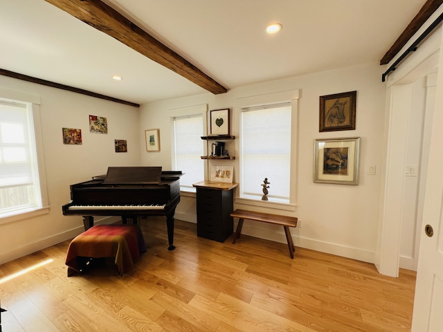 157 Ellsworth Rd, Blue Hill, ME 04614 - sitting room featuring light wood-style flooring, beam ceiling, healthy amount of natural light, and recessed lighting