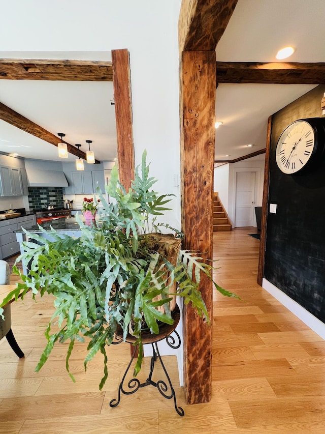 157 Ellsworth Rd, Blue Hill, ME 04614 - hall featuring beamed ceiling, light wood-type flooring, stairs, and recessed lighting