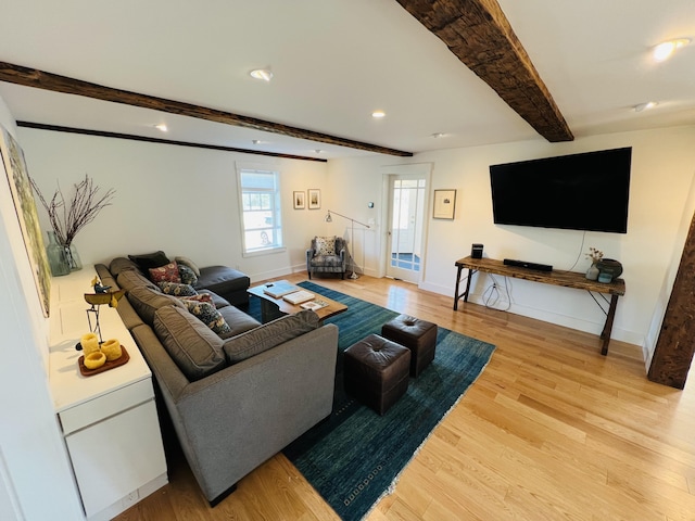 157 Ellsworth Rd, Blue Hill, ME 04614 - living area featuring beamed ceiling, light wood-style floors, and recessed lighting