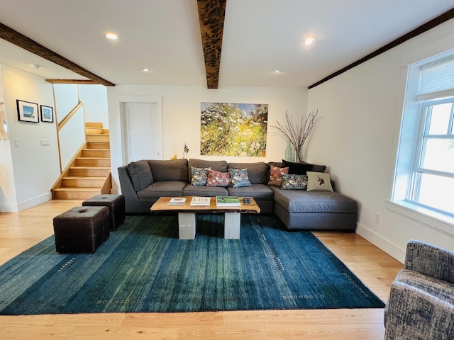 157 Ellsworth Rd, Blue Hill, ME 04614 - living area with wood finished floors, beamed ceiling, stairway, and recessed lighting