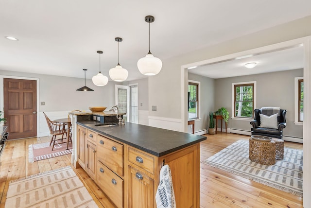 26 Hunts Point Rd, Cape Elizabeth, ME 04107 - kitchen featuring a sink, dark countertops, light wood finished floors, and a baseboard radiator