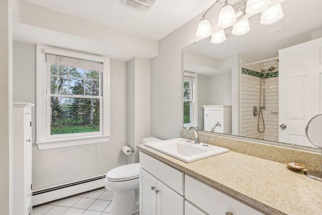 26 Hunts Point Rd, Cape Elizabeth, ME 04107 - full bathroom featuring a baseboard heating unit, tiled shower, vanity, tile patterned flooring, and toilet