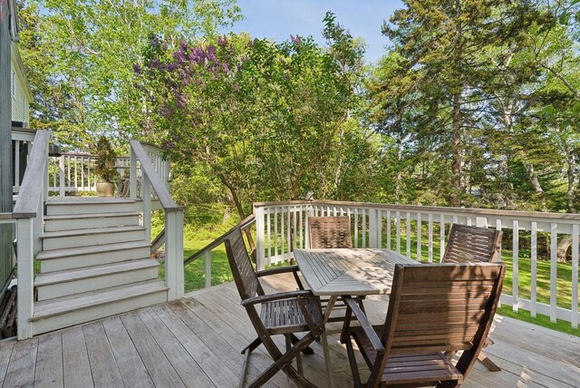 26 Hunts Point Rd, Cape Elizabeth, ME 04107 - wooden terrace featuring outdoor dining space and stairway