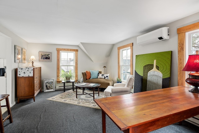 47 Bay View St, Camden, ME 04843 - carpeted living room with an AC wall unit, baseboard heating, and baseboards