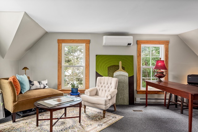 47 Bay View St, Camden, ME 04843 - living room with a wall mounted AC, baseboard heating, vaulted ceiling, healthy amount of natural light, and carpet flooring