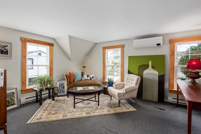 47 Bay View St, Camden, ME 04843 - living area with a baseboard radiator, healthy amount of natural light, a wall unit AC, and vaulted ceiling